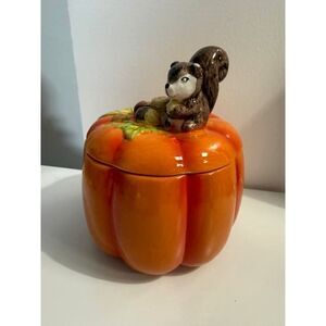 Pumpkin Cookie Jar Canister Squirrel Fall Harvest Autumn Holiday Ceramic
